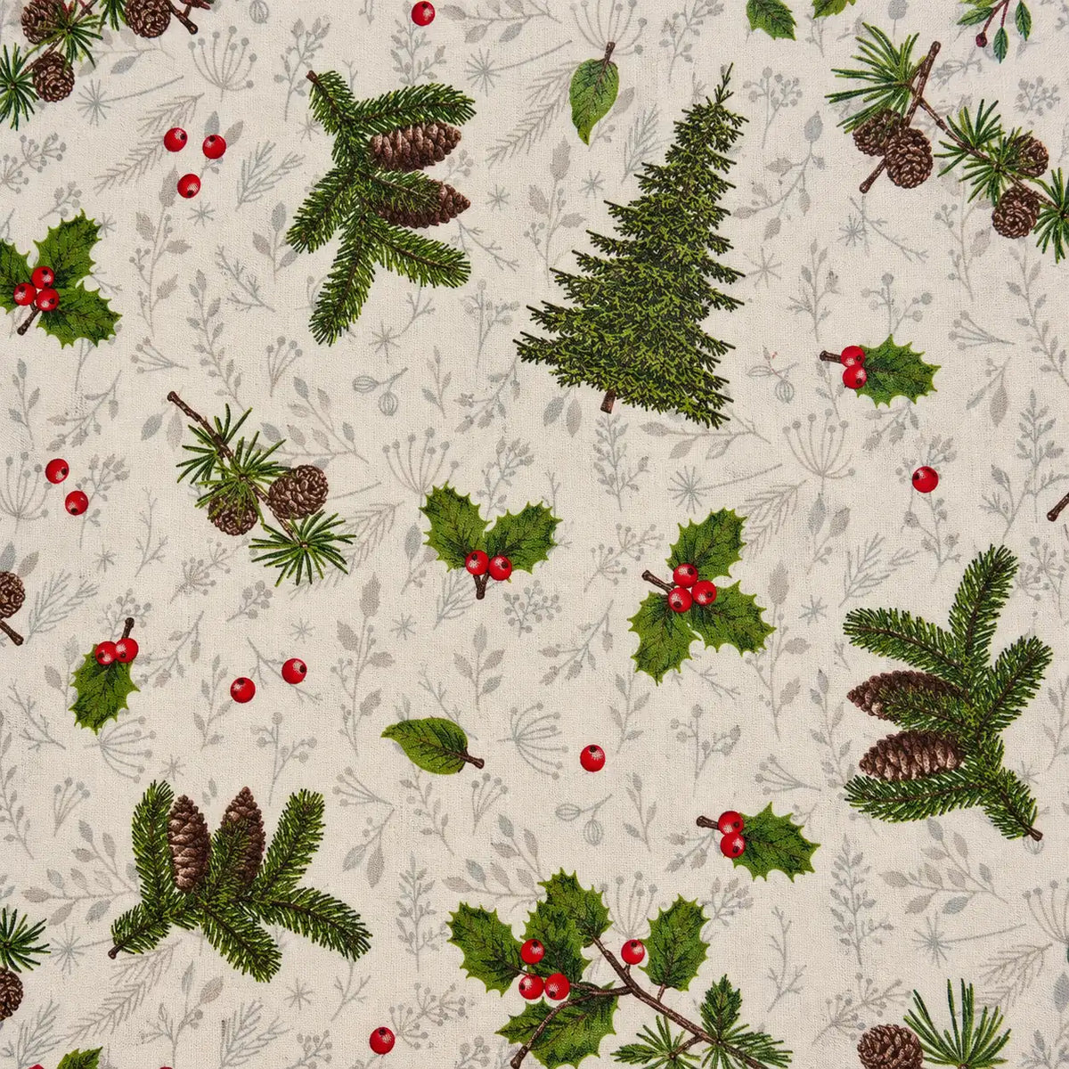 Mantel Antimanchas Navideño Abetos y Bayas Rojas, Estilo Botánico