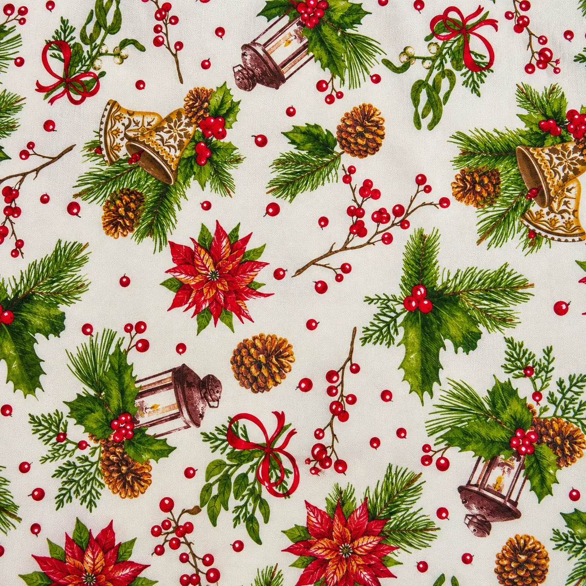 Mantel Antimanchas Navideño Campanas Doradas y Piñas