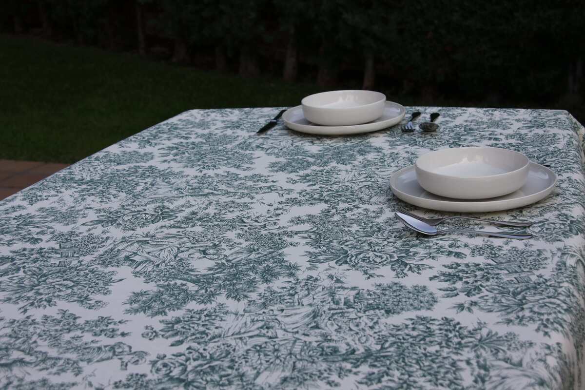 Mantel anti manchas Toile de jouy verde