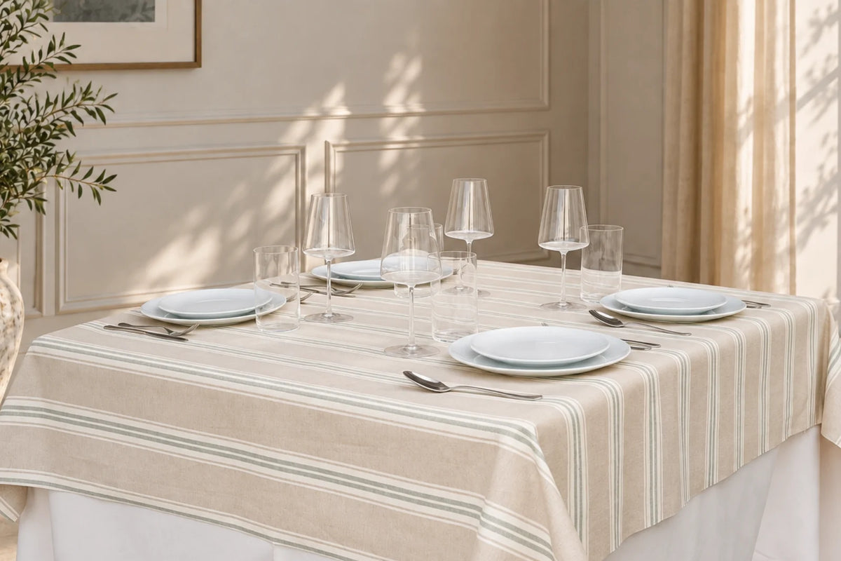 Mantel Antimanchas Lino a Rayas Verdes Modelo Toscana