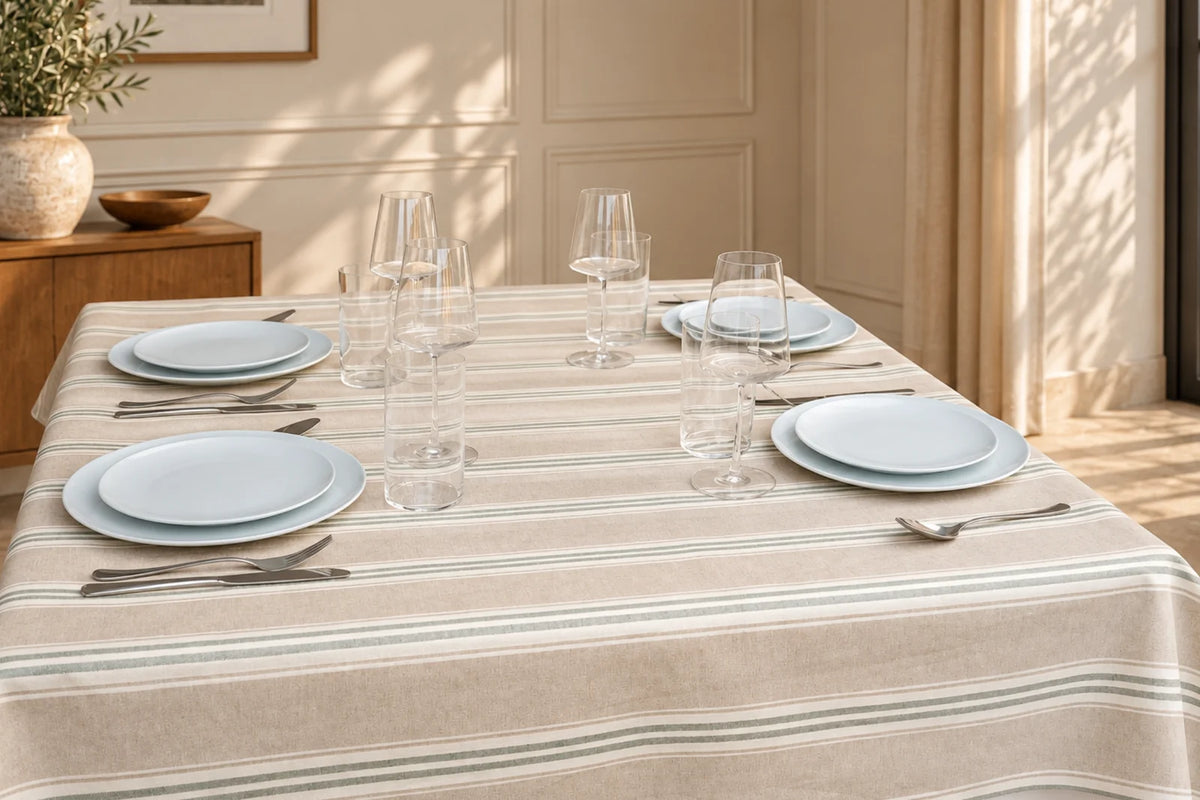 Mantel Antimanchas Lino a Rayas Verdes Modelo Toscana
