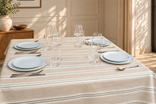 Mantel Antimanchas Lino a Rayas Verdes Modelo Toscana