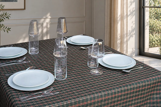 Mantel Antimanchas Cuadros Escoceses Tartán Verde Botella, Rojo y Beige