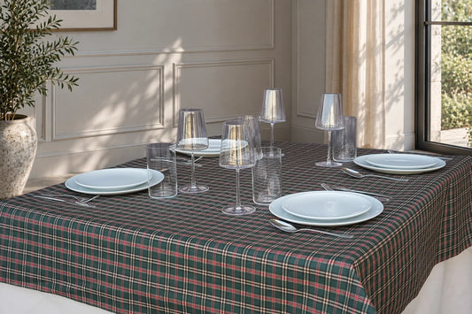 Mantel Antimanchas Cuadros Escoceses Tartán Verde Botella, Rojo y Beige