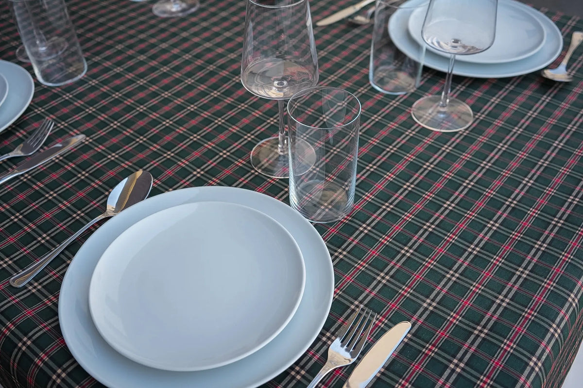 Mantel Antimanchas Cuadros Escoceses Tartán Verde Botella, Rojo y Beige