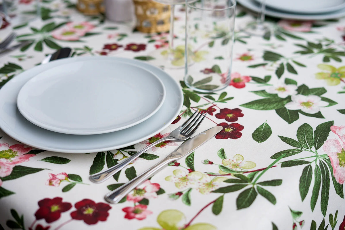 Mantel Resinado Estampado Botánico en Rosa, Granate y Verde, Diseño Primaveral