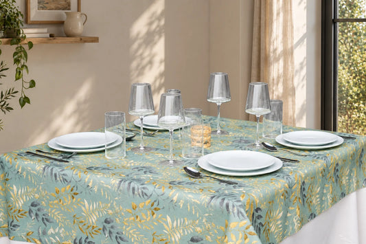 Mantel Antimanchas Botánico Hojas Dorado y Gris sobre Verde Agua