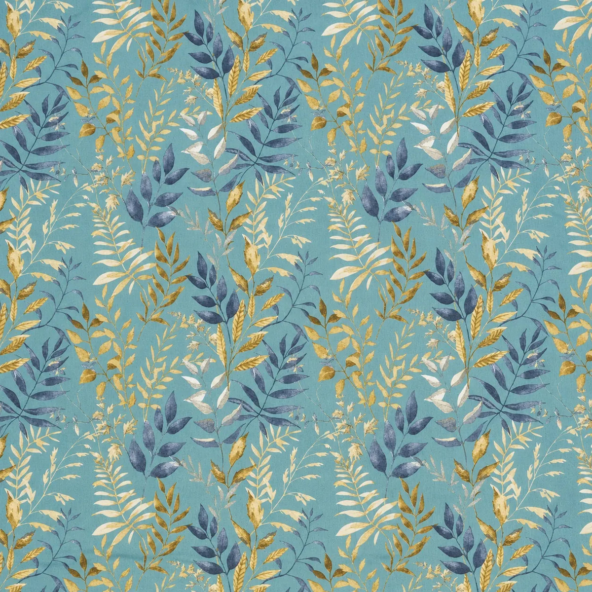 Mantel Antimanchas Botánico Hojas Dorado y Gris sobre Verde Agua