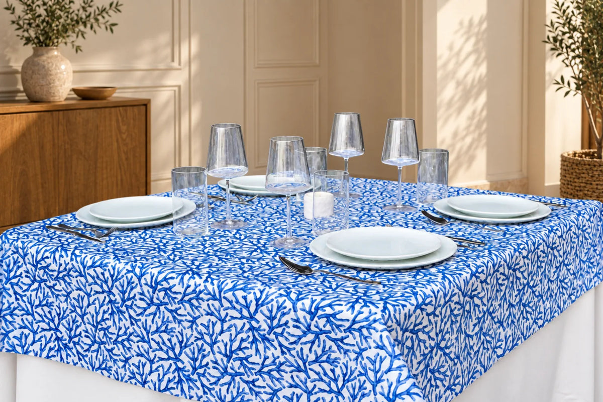Mantel Antimanchas Coral Azul Fondo Blanco Estilo Marinero