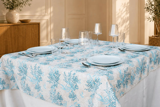 Mantel Antimanchas Corales Marinos Azul Turquesa y Beige Estilo Marinero