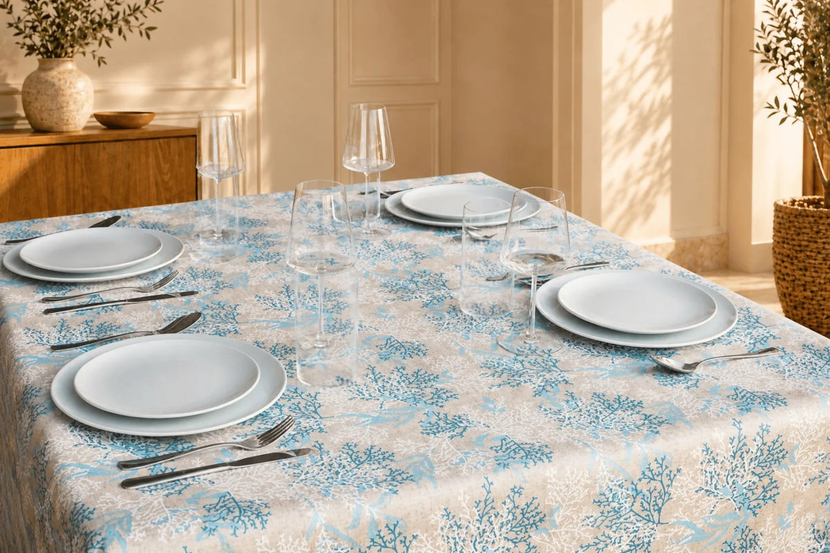 Mantel Antimanchas Corales Marinos Azul Turquesa y Beige Estilo Marinero