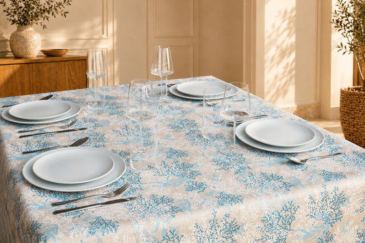 Mantel Antimanchas Corales Marinos Azul Turquesa y Beige Estilo Marinero