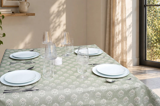 Mantel Antimanchas Estampado Flor de Loto Verde Salvia y Beige