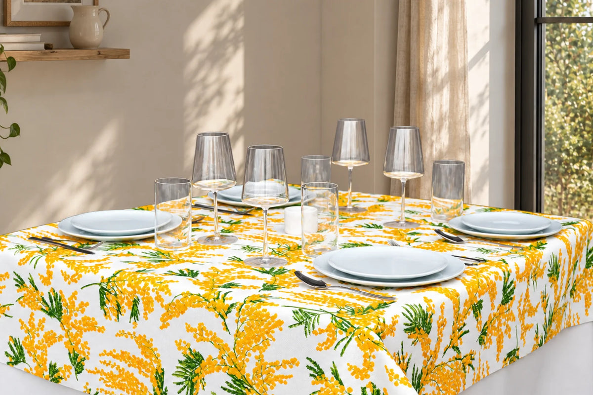 Mantel Antimanchas Estampado Flor de Mimosa Amarillo y Verde