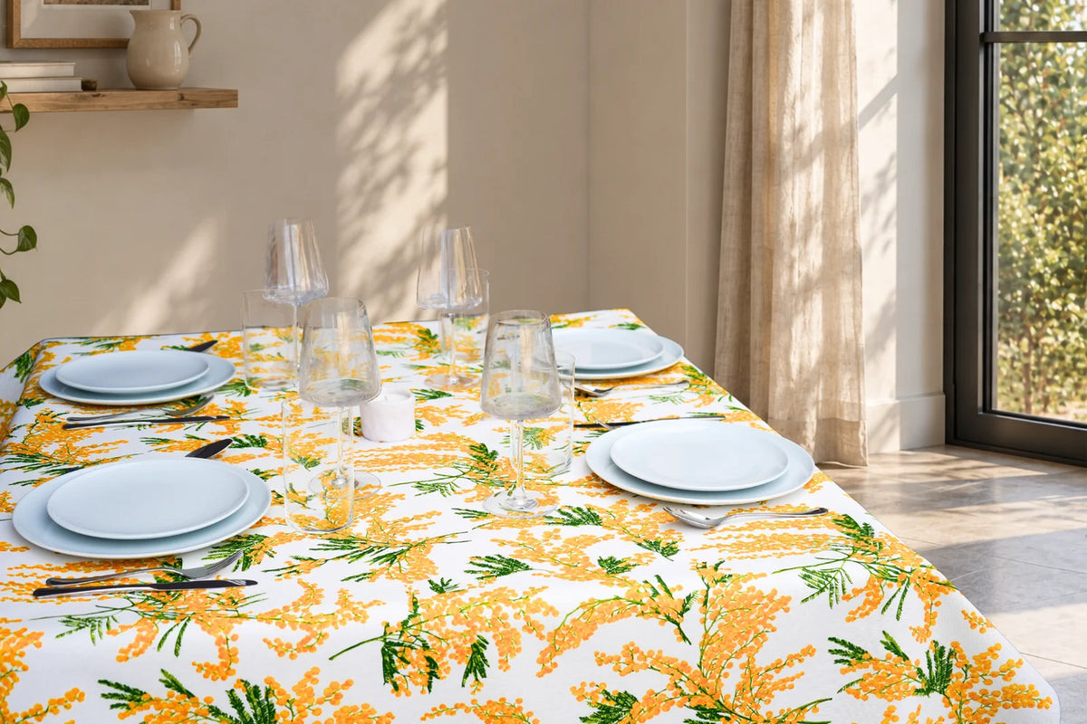 Mantel Antimanchas Estampado Flor de Mimosa Amarillo y Verde