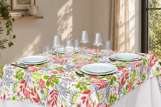 Mantel Antimanchas Estampado Floral Verde, Rosa y Gris