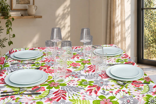 Mantel Antimanchas Estampado Floral Verde, Rosa y Gris