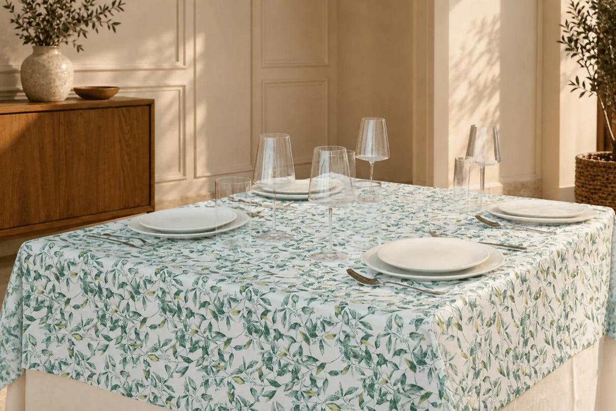 Mantel Antimanchas Estampado Hojas Silvestres Verde y Azul Turquesa