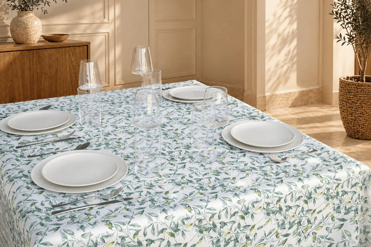 Mantel Antimanchas Estampado Hojas Silvestres Verde y Azul Turquesa