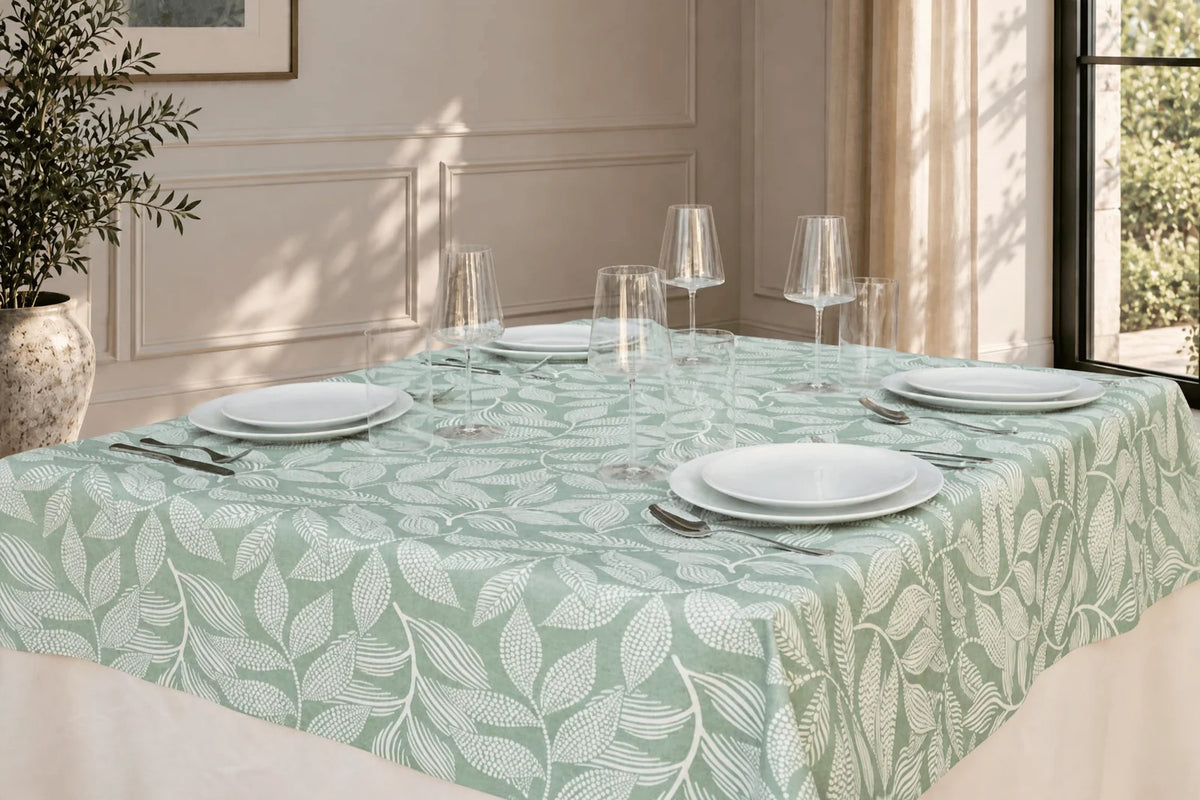 Mantel Antimanchas Estampado Hojas Verde Agua y Blanco