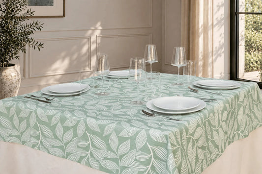 Mantel Antimanchas Estampado Hojas Verde Agua y Blanco