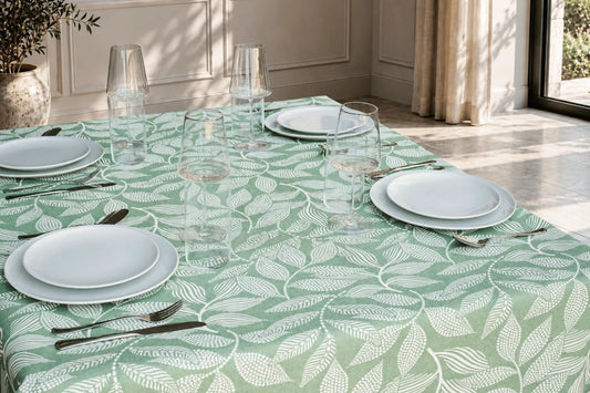 Mantel Antimanchas Estampado Hojas Verde Agua y Blanco