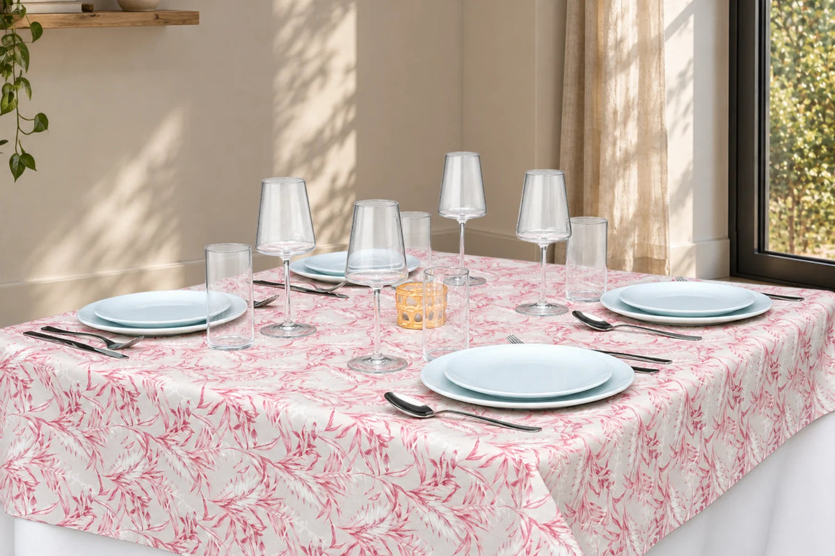 Mantel Antimanchas Estampado Hojas de Sauce Rosa Granate