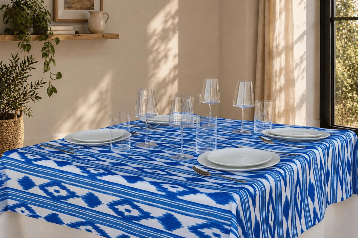 Mantel Antimanchas Estampado Ikat Azul y Blanco