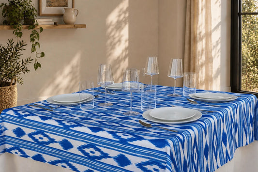 Mantel Antimanchas Estampado Ikat Azul y Blanco