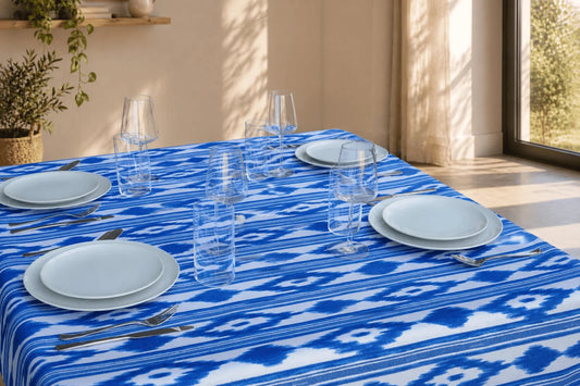 Mantel Antimanchas Estampado Ikat Azul y Blanco