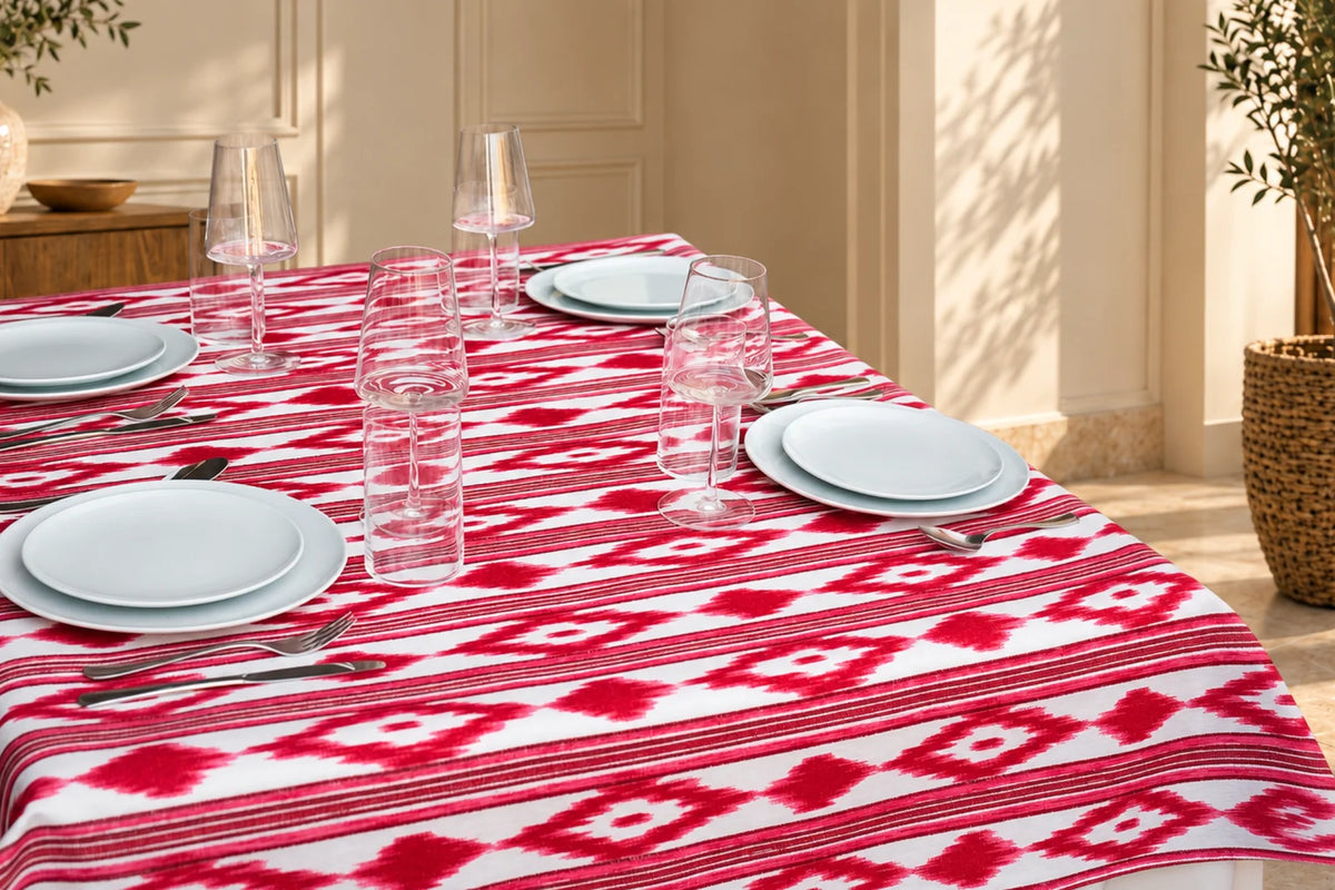 Mantel Antimanchas Estampado Ikat Rojo y Blanco