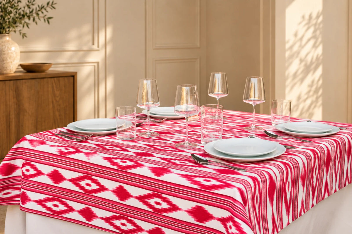 Mantel Antimanchas Estampado Ikat Rojo y Blanco