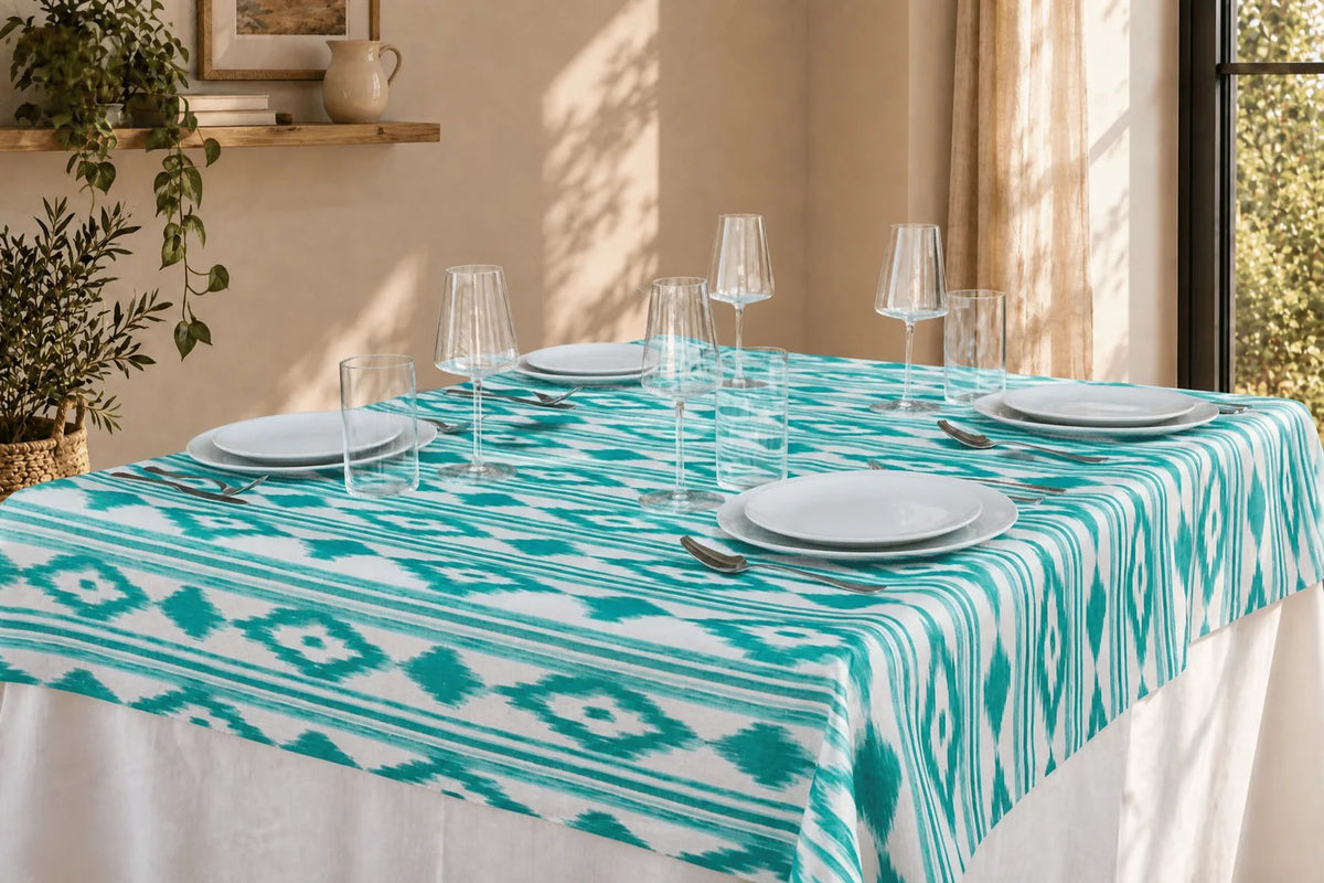 Mantel Antimanchas Estampado Ikat Verde Turquesa y Blanco