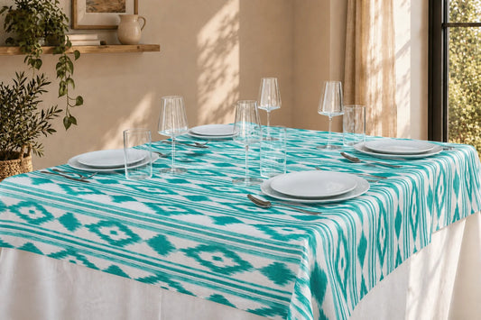 Mantel Antimanchas Estampado Ikat Verde Turquesa y Blanco