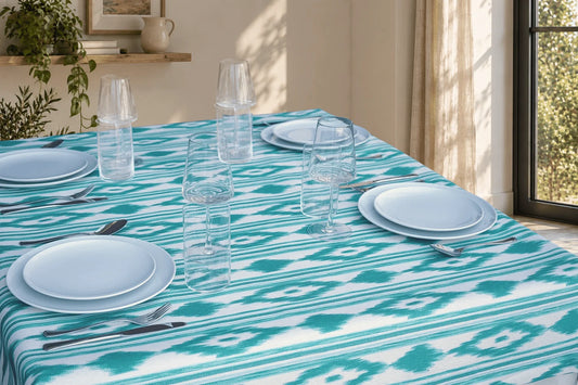 Mantel Antimanchas Estampado Ikat Verde Turquesa y Blanco