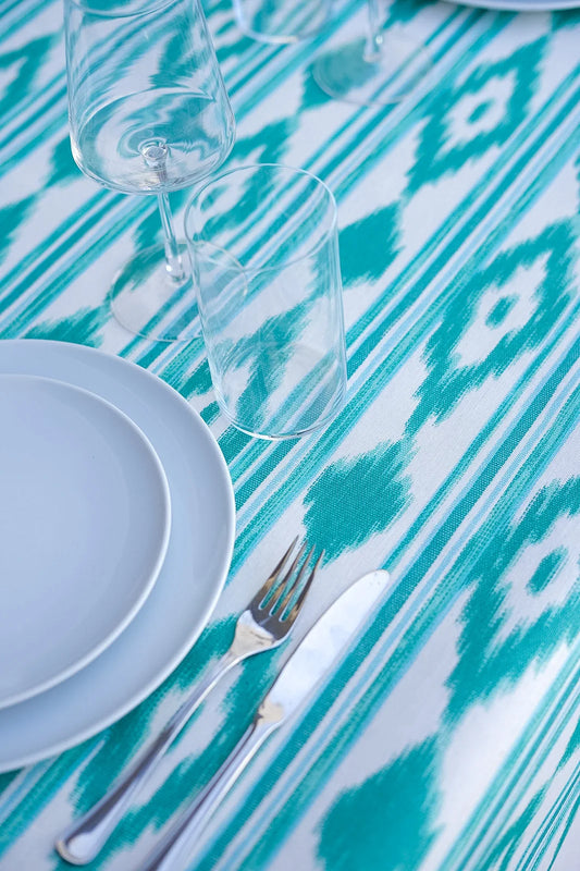 Mantel Antimanchas Estampado Ikat Verde Turquesa y Blanco