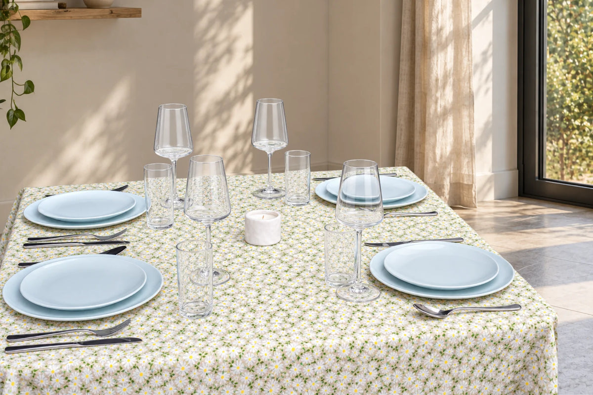 Mantel Antimanchas Estampado Margaritas Blancas y Verde