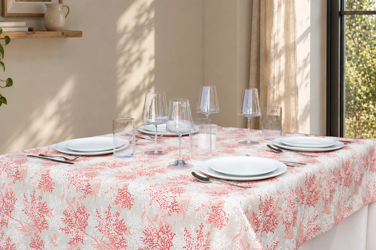 Mantel Antimanchas Estampado Marino Coral Rojo y Neutro