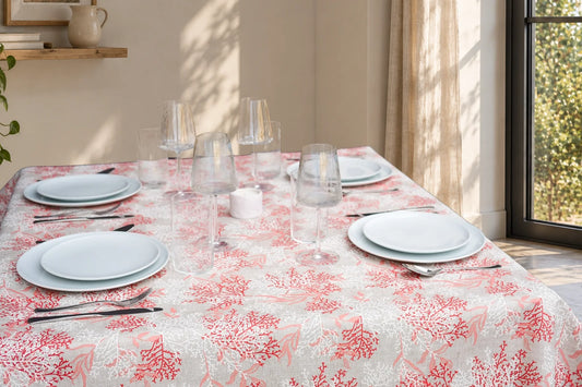 Mantel Antimanchas Estampado Marino Coral Rojo y Neutro