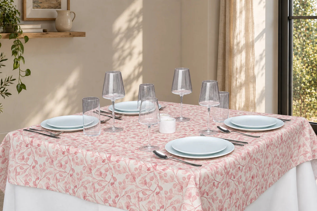 Mantel Antimanchas Estampado Rama de Eucalipto Rosa
