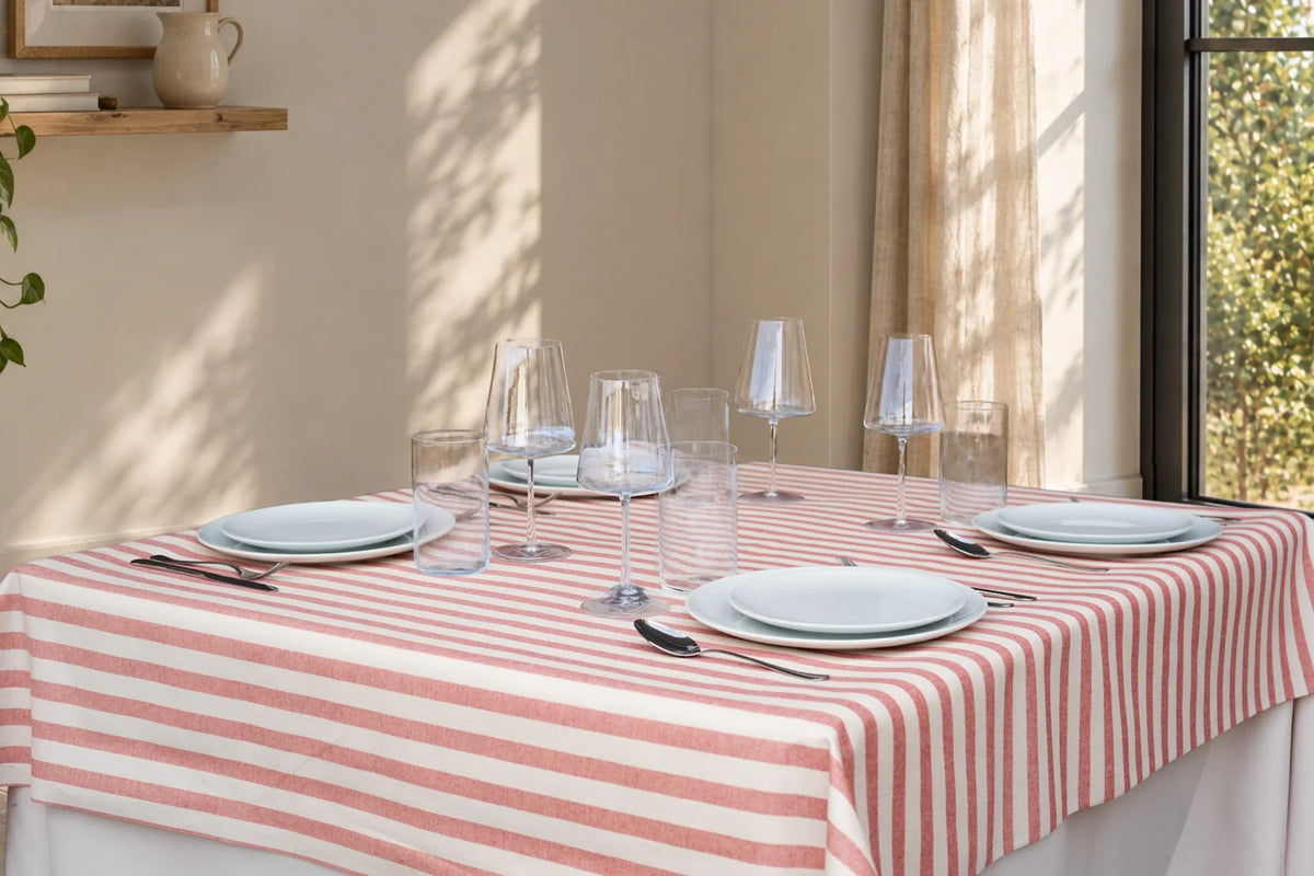 Mantel Antimanchas Estampado Rayas Marineras Rojo y Crema