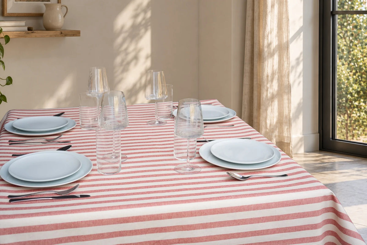 Mantel Antimanchas Estampado Rayas Marineras Rojo y Crema