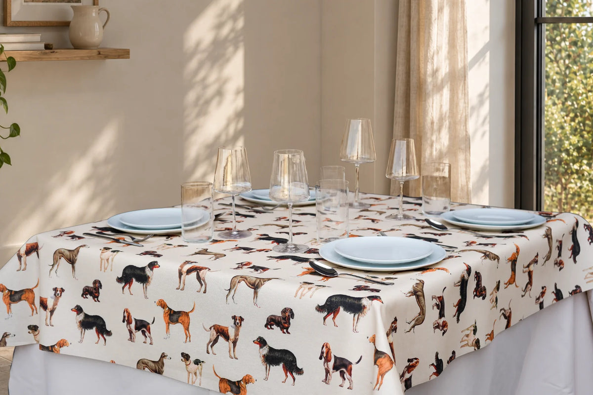 Mantel Antimanchas Estampado Razas de Perros Marrón y Negro