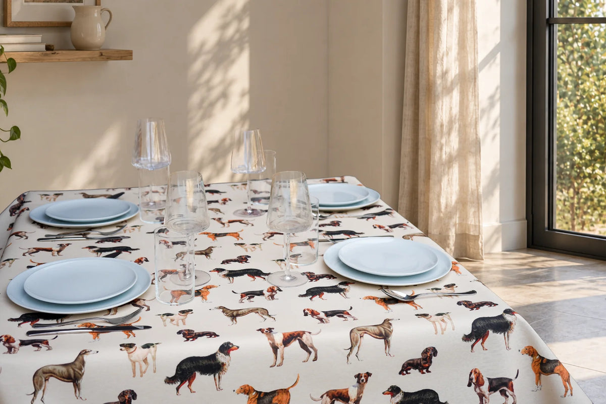 Mantel Antimanchas Estampado Razas de Perros Marrón y Negro