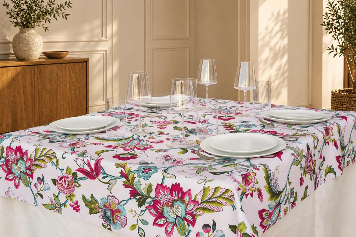 Mantel Antimanchas Floral Boho Chic Fucsia y Turquesa