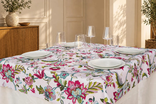 Mantel Antimanchas Floral Boho Chic Fucsia y Turquesa