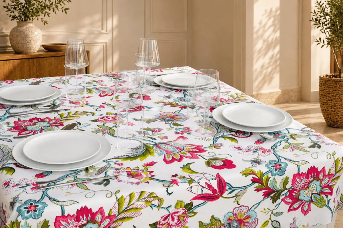 Mantel Antimanchas Floral Boho Chic Fucsia y Turquesa