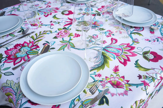 Mantel Antimanchas Floral Boho Chic Fucsia y Turquesa