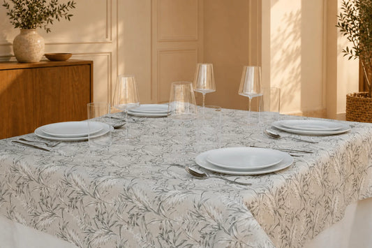 Mantel Antimanchas Haute Couture Estampado Hojas Gris y Blanco