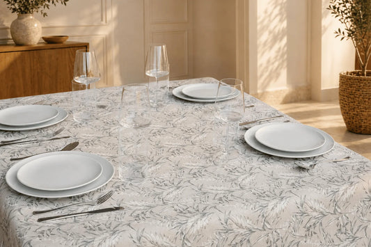 Mantel Antimanchas Haute Couture Estampado Hojas Gris y Blanco